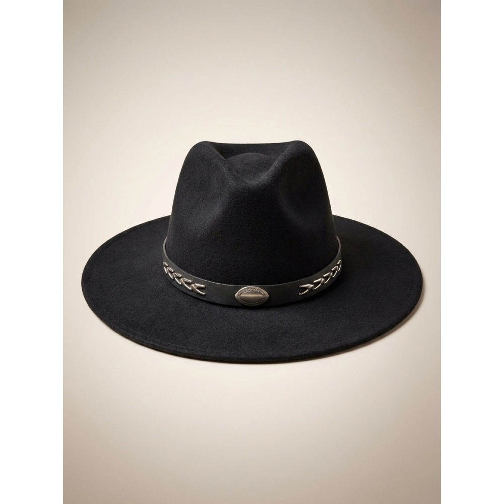J Hats Black Wool Wide Brim Fedora Concho Tassel Western Boho Retro Vintage 55cm